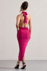 Hot Pink Cowl-Neck Asymmetric Maxi Dress